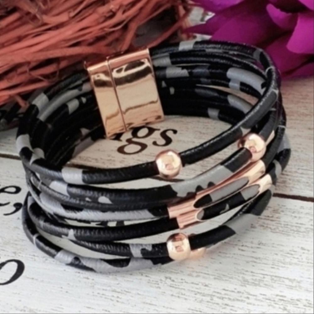 New black and gray animal print, camo leather wrap bracelet, gold accents